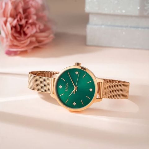  Saga 53643-RGGRRG-2 – Nữ – Kính cứng – Quartz – Mặt số đính sá Swarovski – Sắc xanh lá quyến rũ – Chống nước 3 ATM 