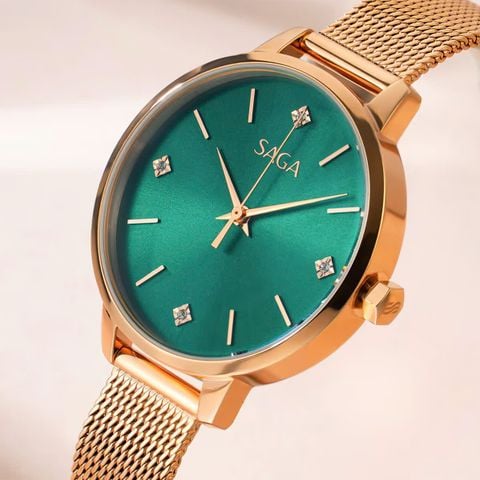  Saga 53643-RGGRRG-2 – Nữ – Kính cứng – Quartz – Mặt số đính sá Swarovski – Sắc xanh lá quyến rũ – Chống nước 3 ATM 