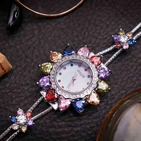  Đồng Hồ Nữ JS-021B Julius Star Mặt Hoa Đính Đá Lục Sắc (Bạc) Chính Hãng 
