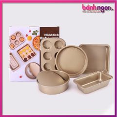 Bộ 5 Khuôn Làm Bánh Cao Cấp Chống Dính,Khuôn Nướng Bánh Cupcake, Pizza, Bánh Mì Bằng Thép Carbon An Toàn