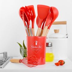 Bộ Dụng Cụ Nấu Ăn Làm Bánh Cao Cấp Bằng Silicon Tay Cầm Gỗ Kèm Cốc Đựng Tiện Lợi Nhiều Mẫu