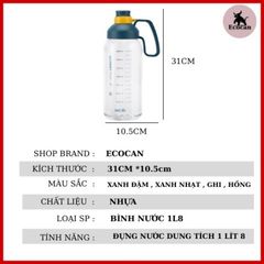 [Hàng Chuẩn] Bình Nước Just Life Dung Tích Lớn 1,8 Lit Chất Liệu Nhựa Tritan Cao Cấp Kèm ống Hút