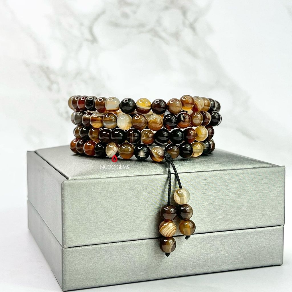Chuỗi vòng 108 hạt quấn tay Agate Nâu