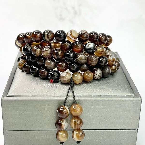 Tràng 108 hạt Agate Nâu Bóng 8mm