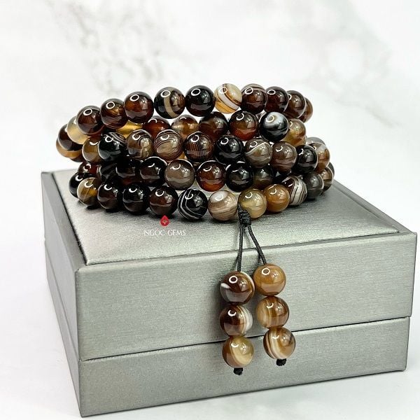 Tràng 108 hạt Agate Nâu Bóng 8mm