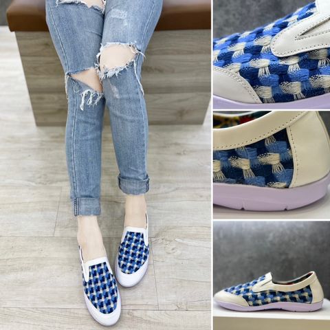 [HÀNG MỚI] GIÀY SLIP ON NỮ TRẮNG XANH DƯƠNG HOẠ TIẾT THỔ CẨM DA LÌ SLIPONTCBLUE