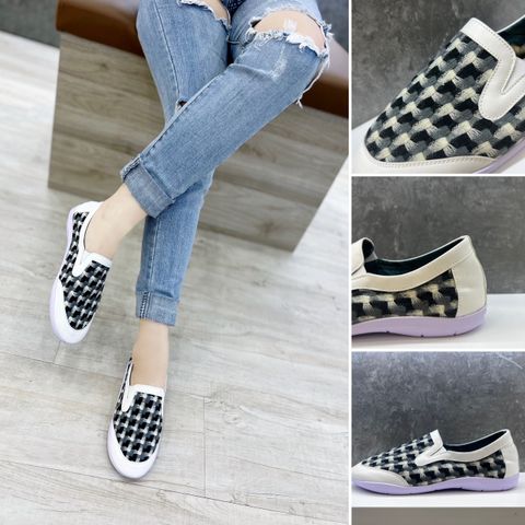 [HÀNG MỚI] GIÀY SLIP ON NỮ TRẮNG ĐEN HOẠ TIẾT THỔ CẨM DA LÌ SLIPONTCBLACK