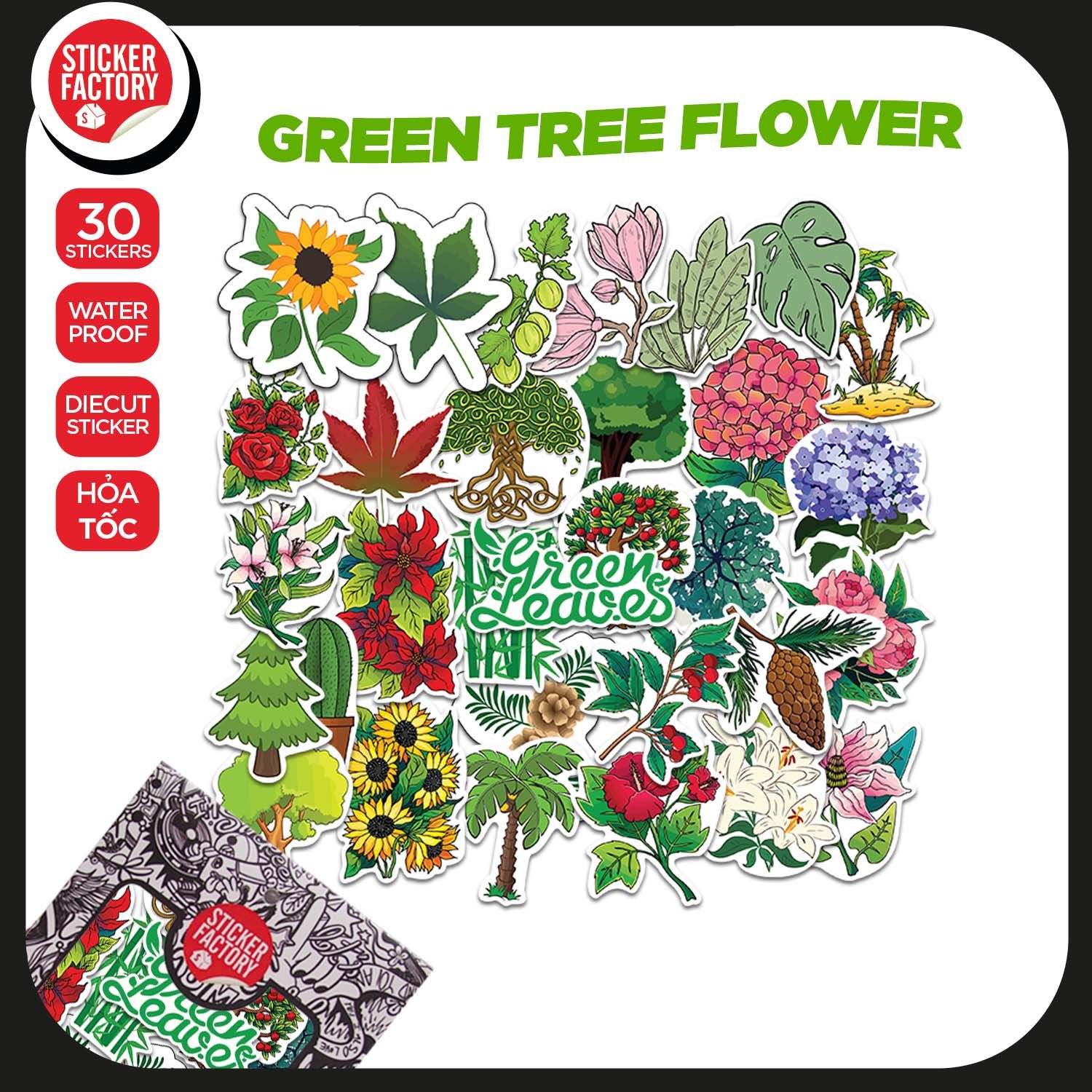 Green Tree Flower - Set 30 sticker hình dán
