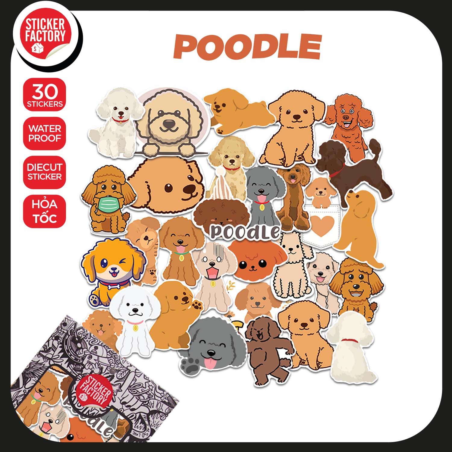 Poodle Dog - Set 30 sticker hình dán