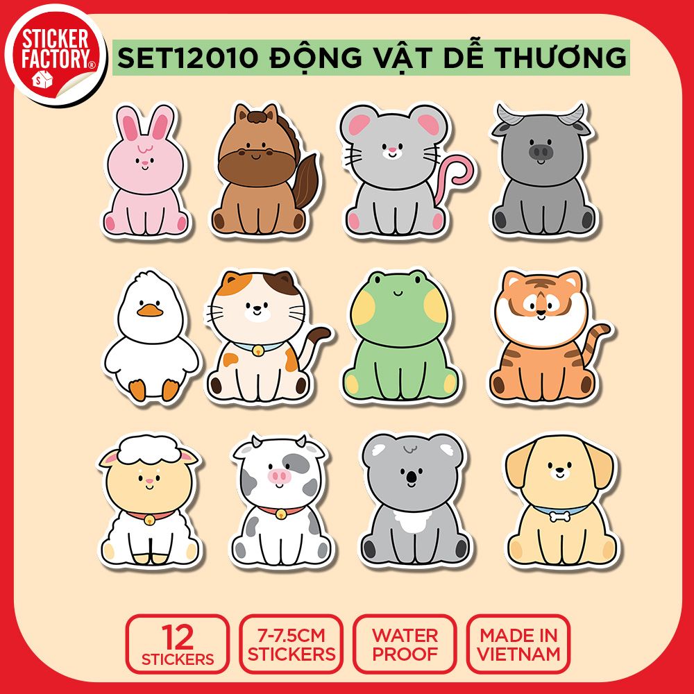 SET12010 ĐỘNG VẬT DỄ THƯƠNG – Set 12 Die Cut Sticker Pack
