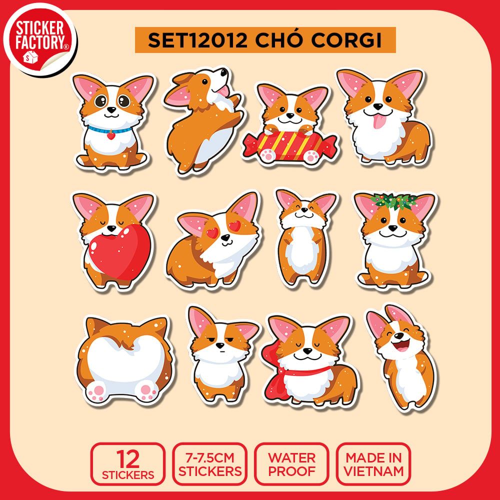 SET12012 CHÓ GORGI – Set 12 Die Cut Sticker Pack