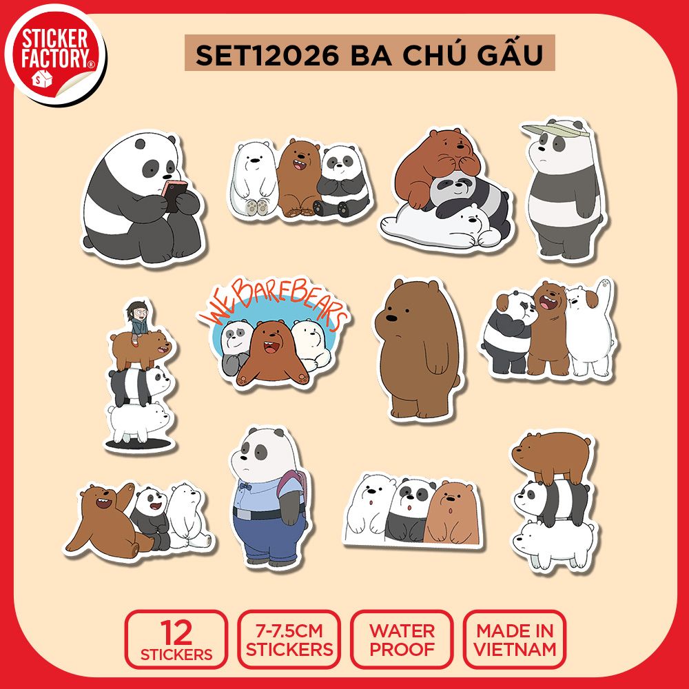 SET12026 BA CHÚ GẤU – Set 12 Die Cut Sticker Pack
