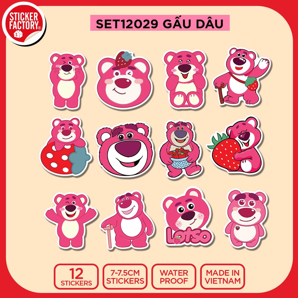 SET12029 GẤU DÂU – Set 12 Die Cut Sticker Pack