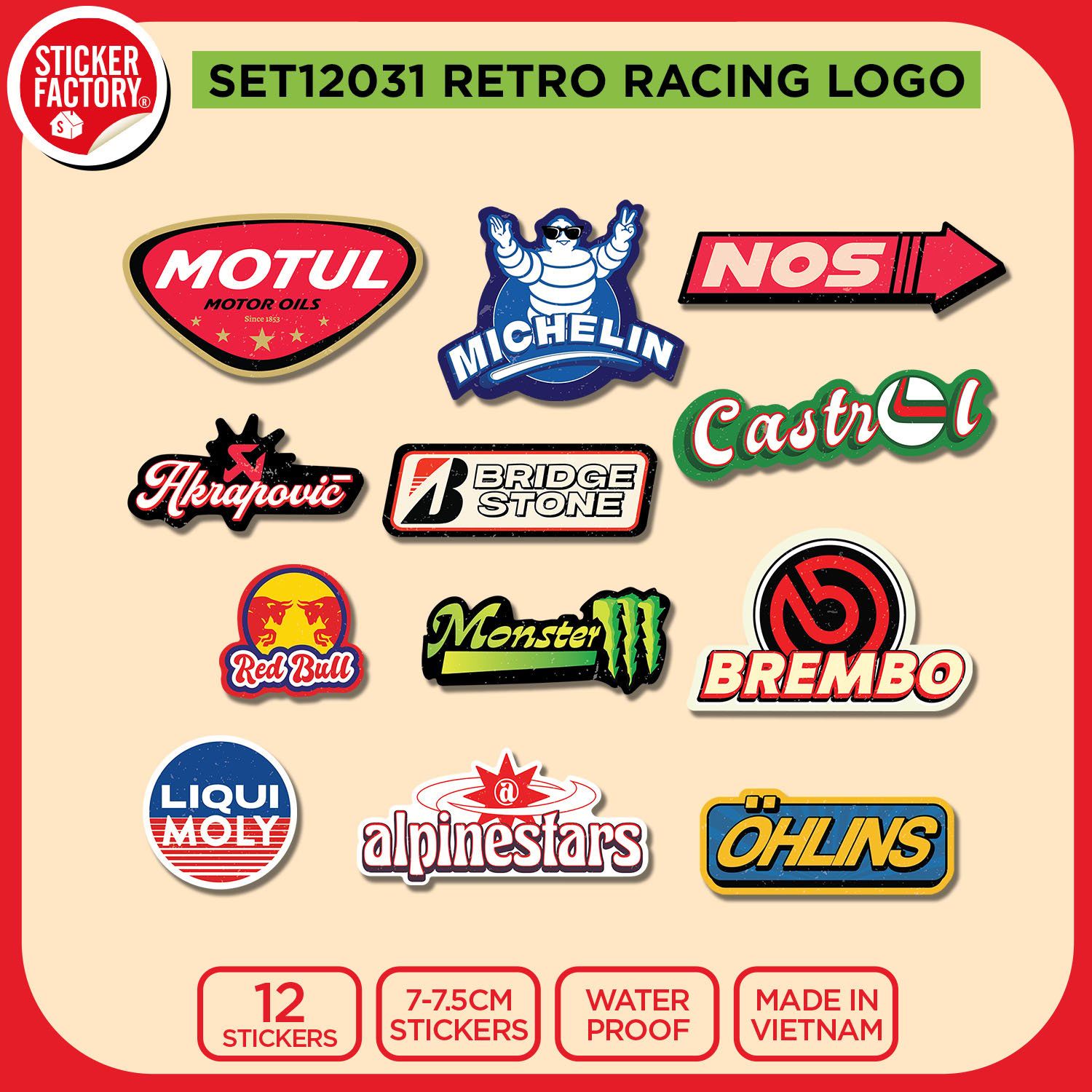 SET12031 RETRO RACING LOGO - Set 12 Die Cut Sticker Pack