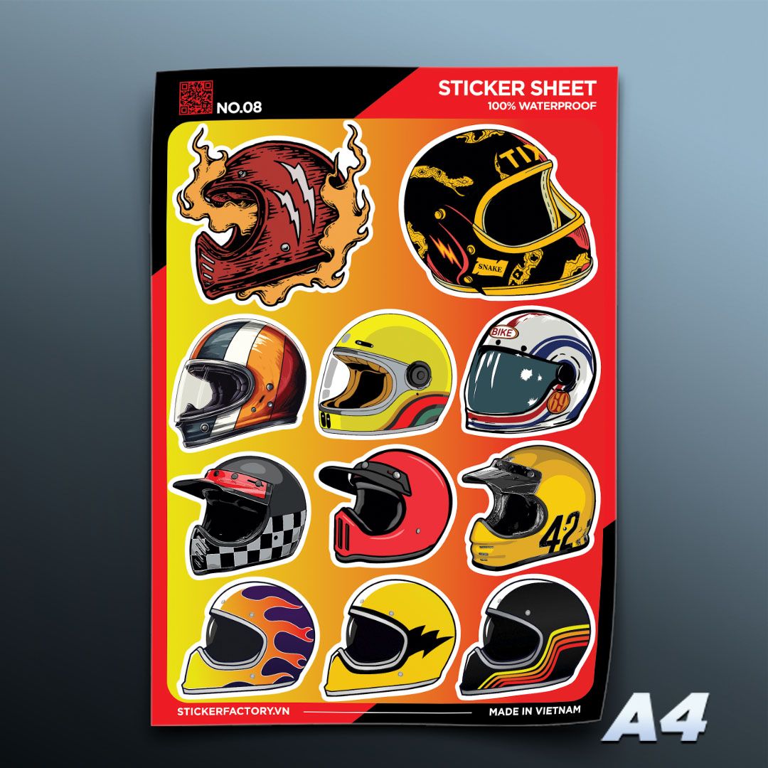 NO.08 Retro Helmet - Sticker Sheet A4