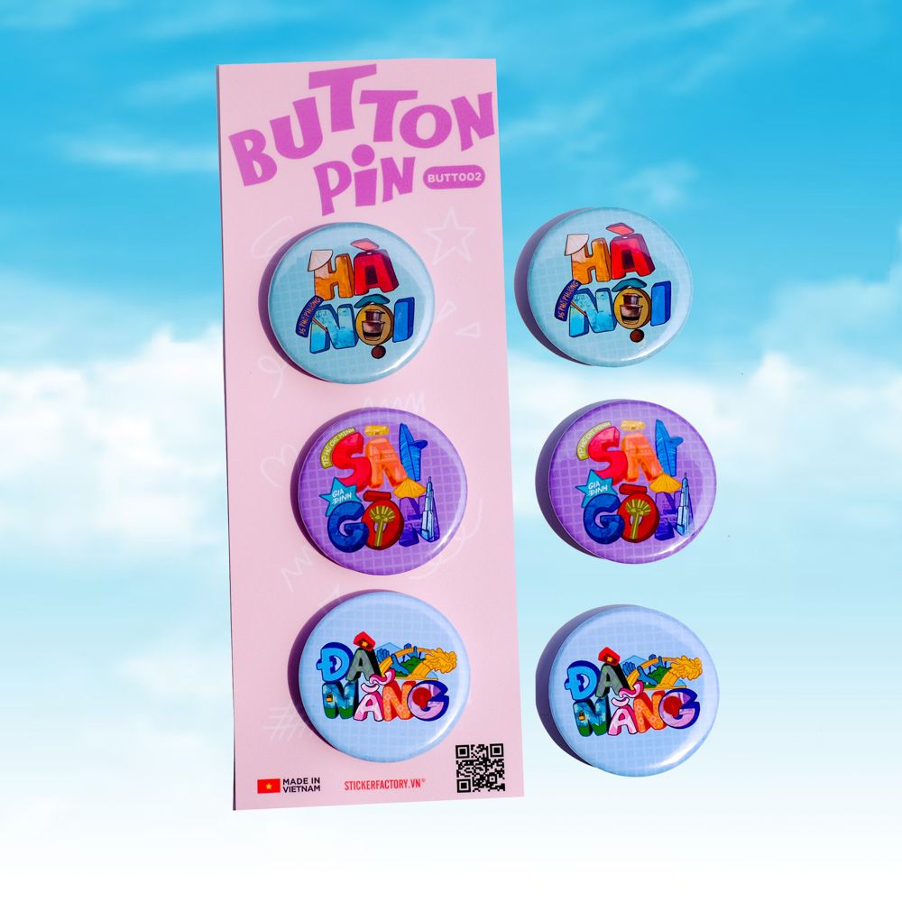 BUTT002 Hà Nội Sài Gòn Đà Nẵng - Set 3 Button Pin - Huy hiệu nhựa tròn