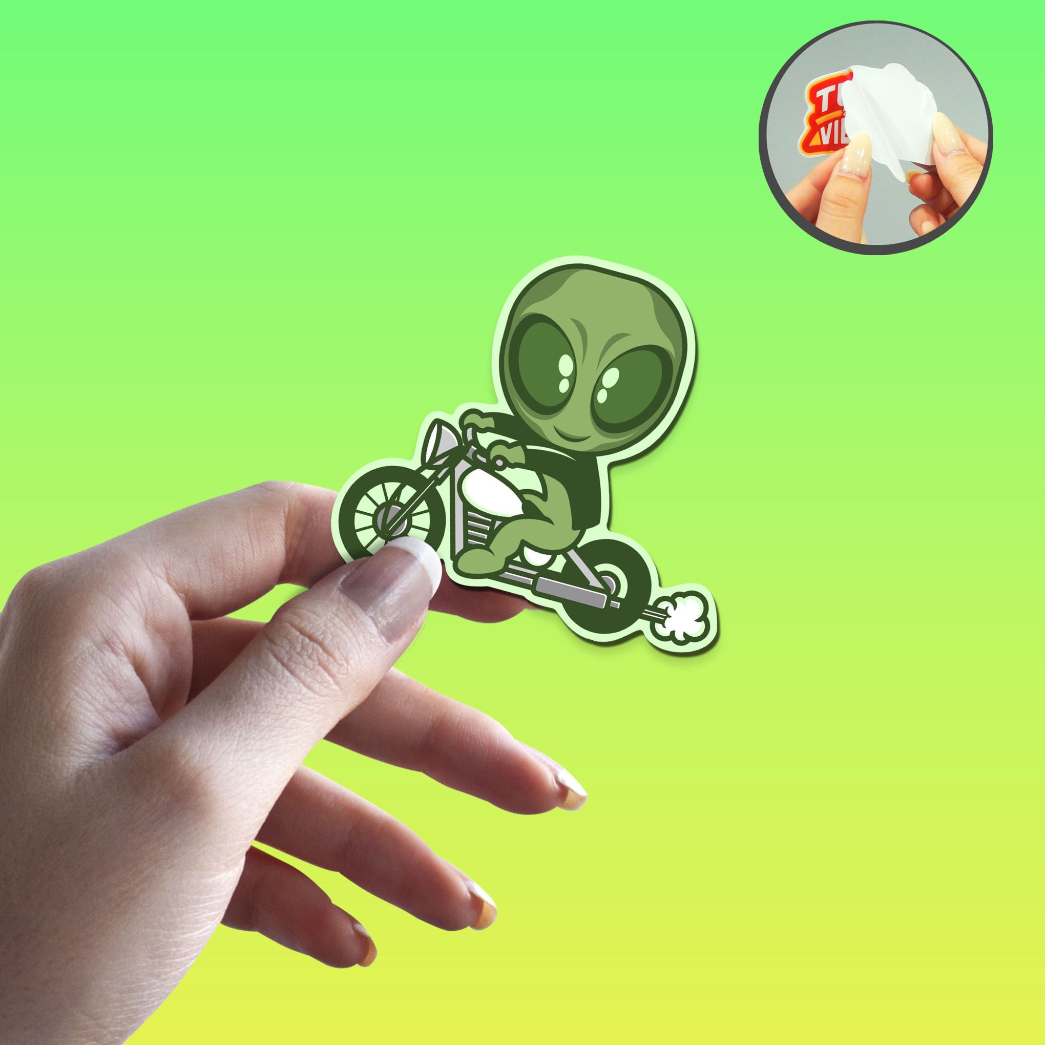 CARTOON ALIEN BIKER 7cm - Sticker Die-cut hình dán cắt rời