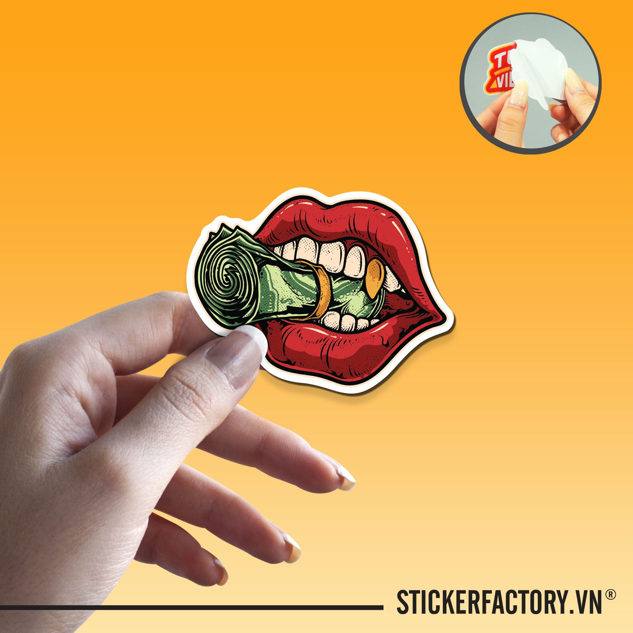 ROLL MONEY SEXY RED LIPS 7cm - Sticker Die-cut hình dán cắt rời