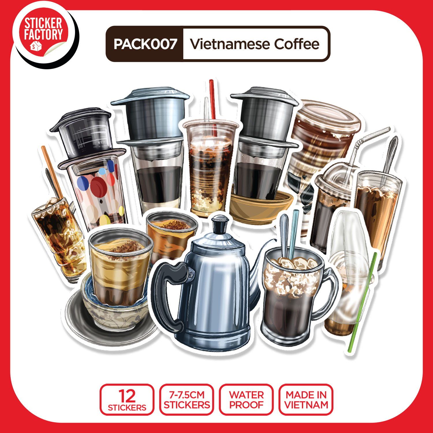 PACK007 Vietnamese Coffee - Set 12 Die Cut Sticker Pack