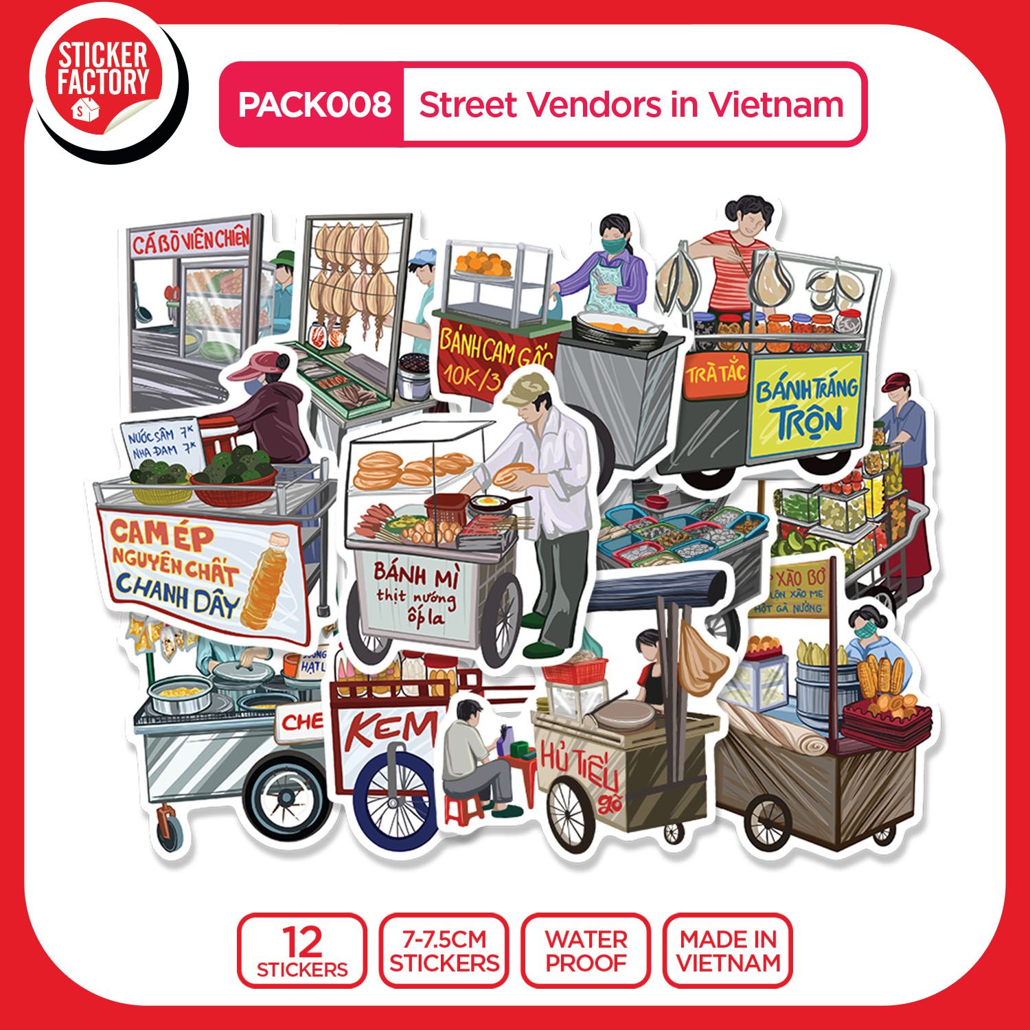 PACK008 Street Vendors in Vietnam - Set 12 Die Cut Sticker Pack