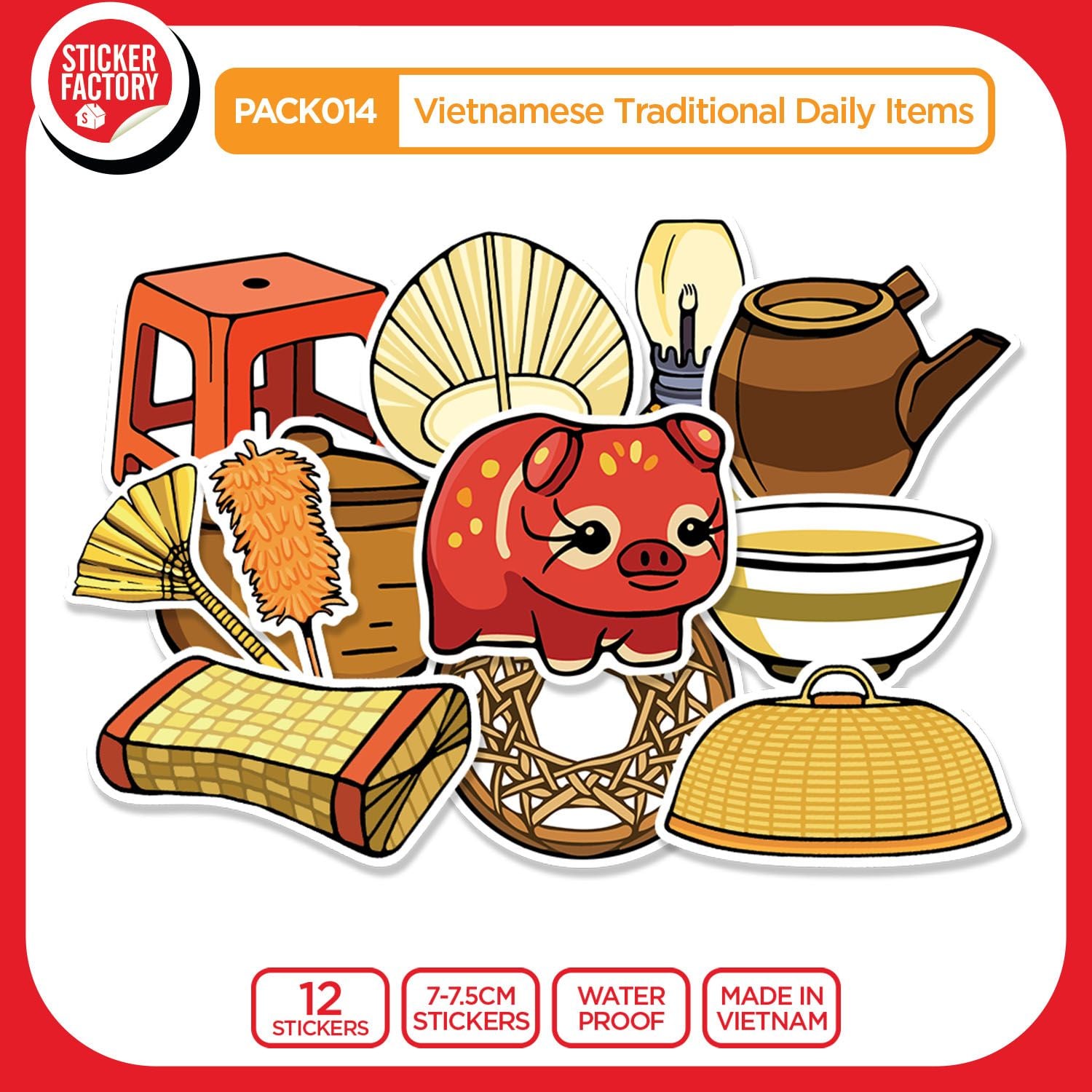 PACK014 Vietnamese Traditional Daily Items - Set 12 Die Cut Sticker Pack
