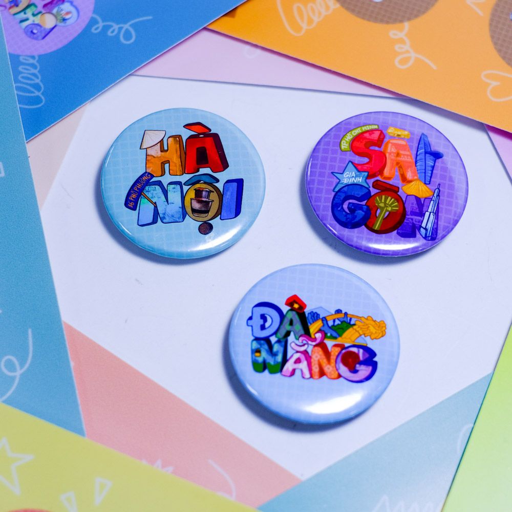 BUTT002 Hà Nội Sài Gòn Đà Nẵng - Set 3 Button Pin - Huy hiệu nhựa tròn
