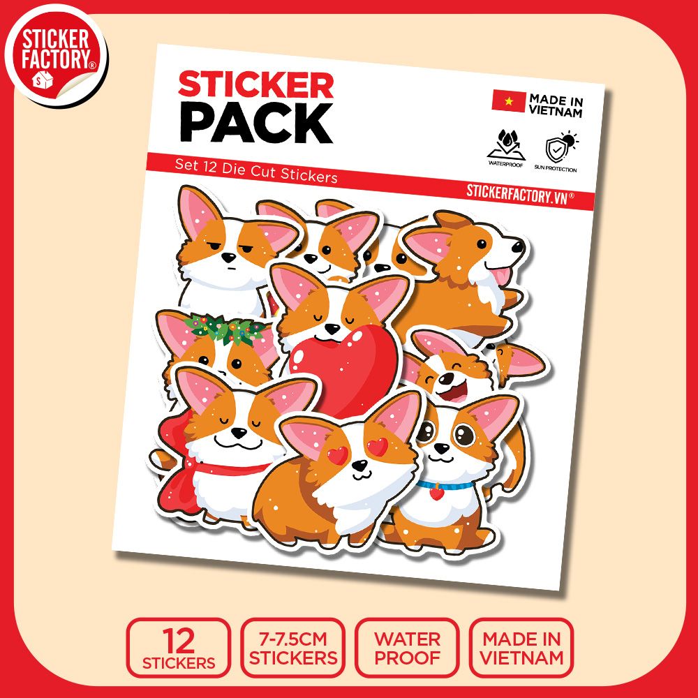 SET12012 CHÓ GORGI – Set 12 Die Cut Sticker Pack