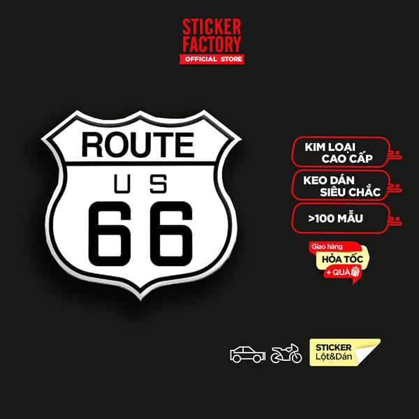 Route 66 chữ đen nền trắng - Sticker metal hình dán kim loại