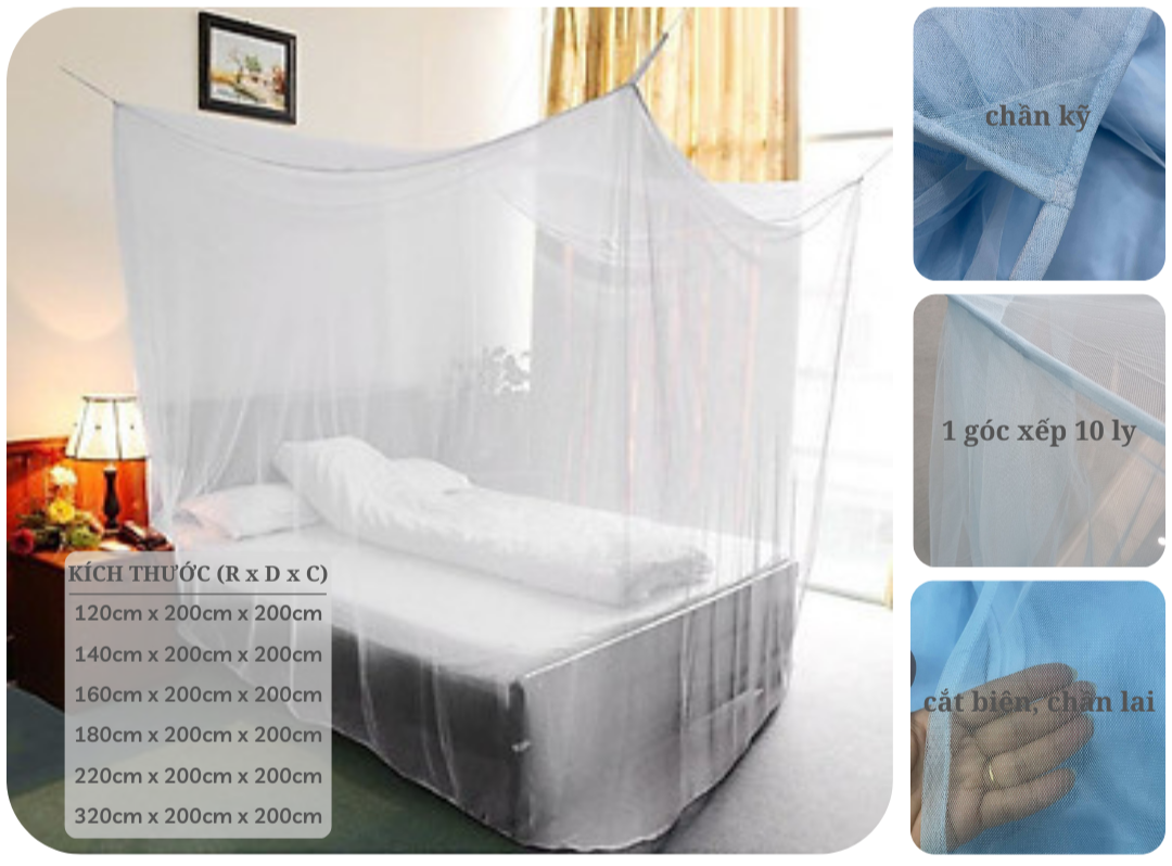 Màn tuyn nhập màu trắng và màu xanh có các size (1m2, 1m4, 1m6, 1m8, 2m2, 3m2)