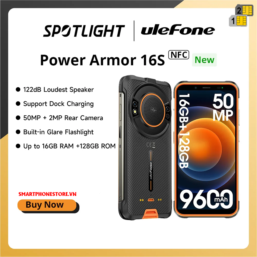 Ulefone Armor 16s - LOA TO 122db 3.5W IP68/69K Pin9600mAh Ram16GB Cam50/8MP Android13