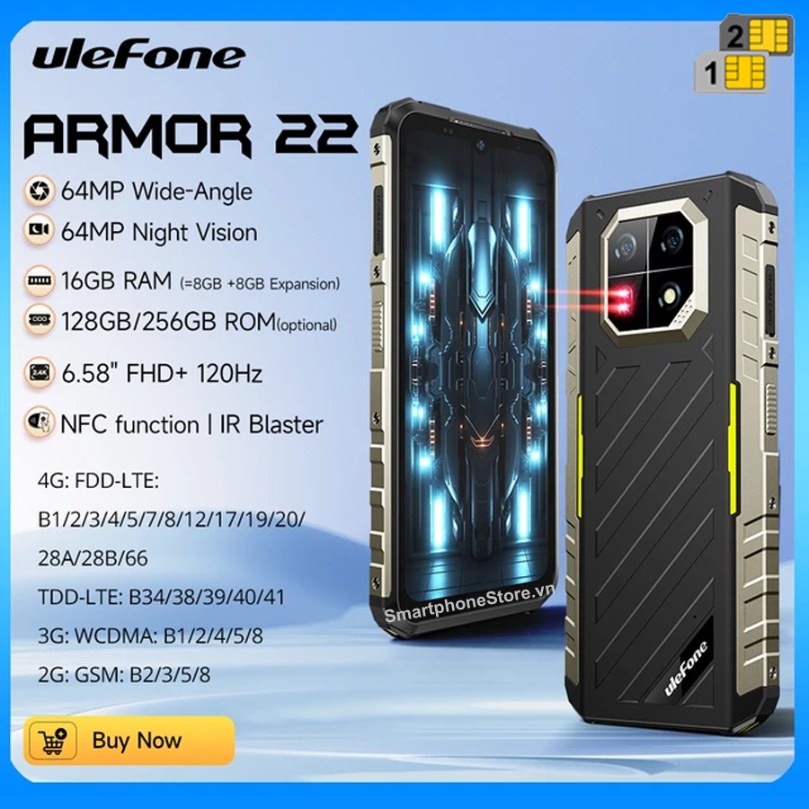Ulefone Armor 22 - IP68/69K Ram16GB Pin6600mAh Camera64/8MP siêu chụp đêm Android13