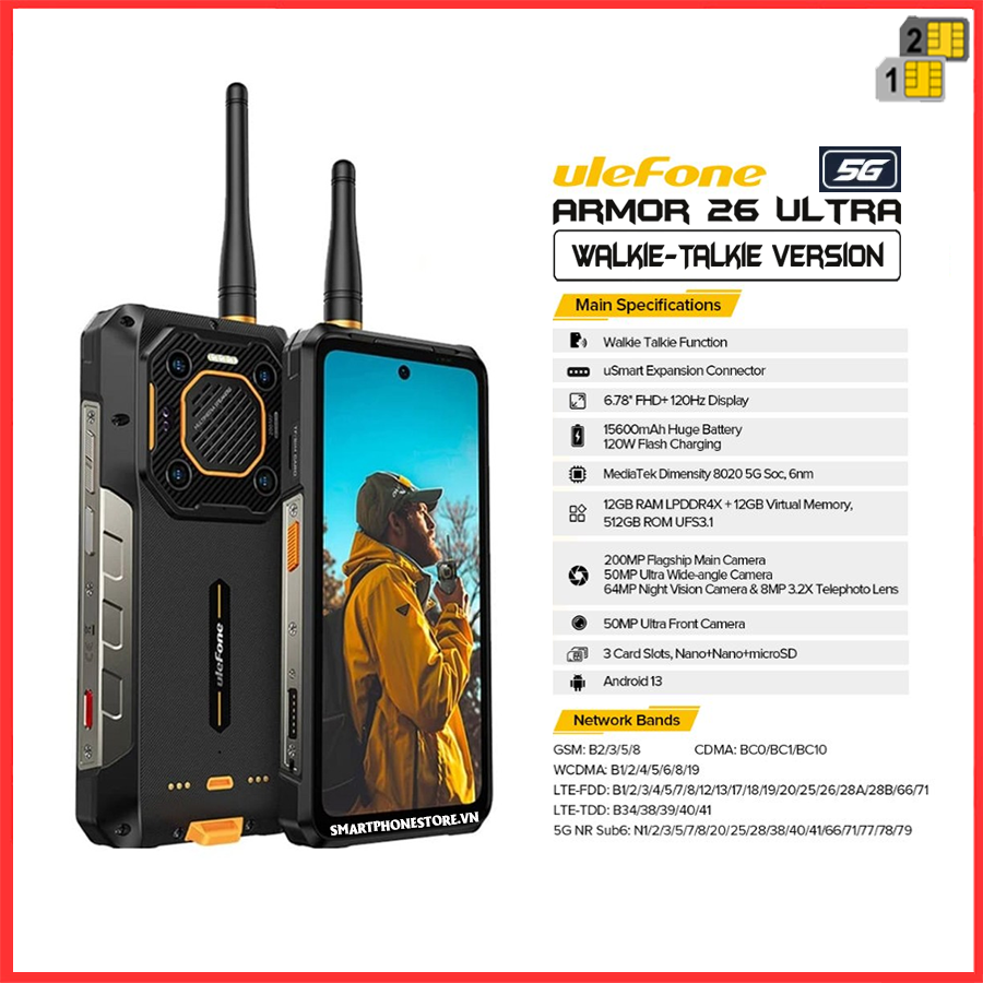 Ulefone Armor 26 Ultra - Bộ đàm 5G IP68/69K Camera 200MP Pin15600mAh Ram24GB Rom512GB