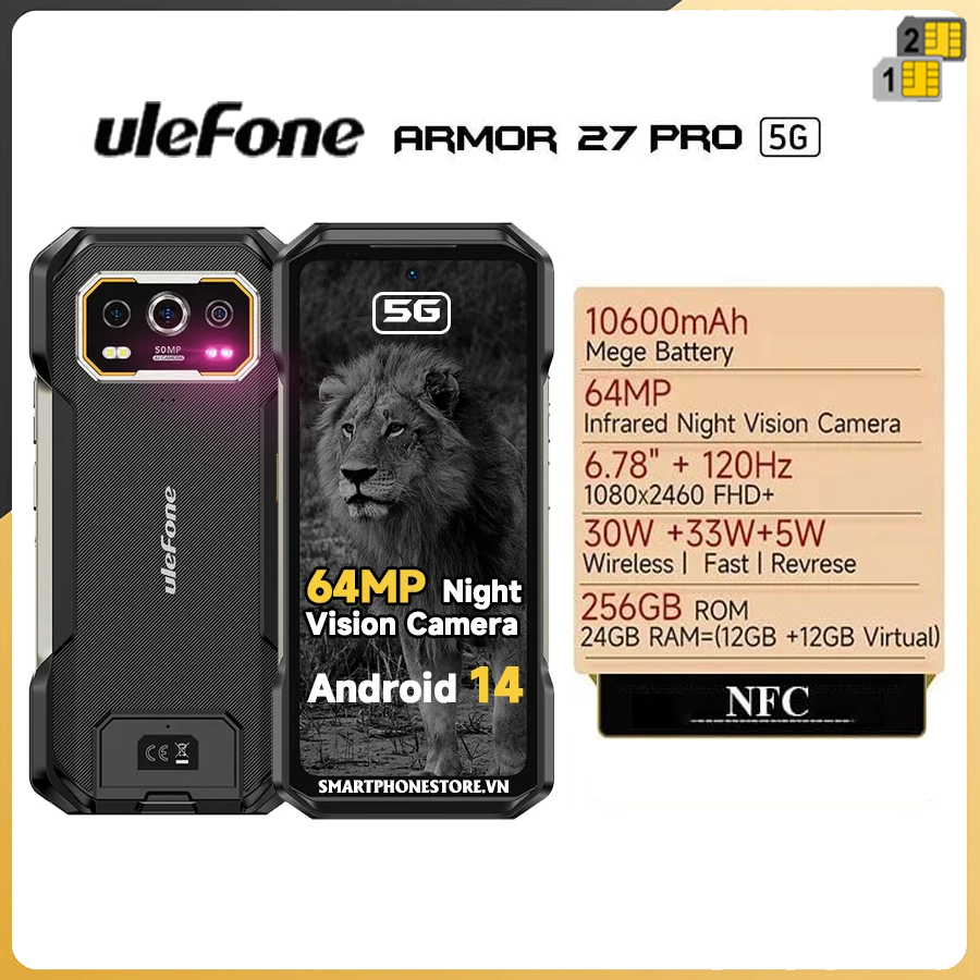 Ulefone Armor 27Pro - 5G IP68/69K Pin10600mAh Cam50/64/32MP Ram24/256GB Android14