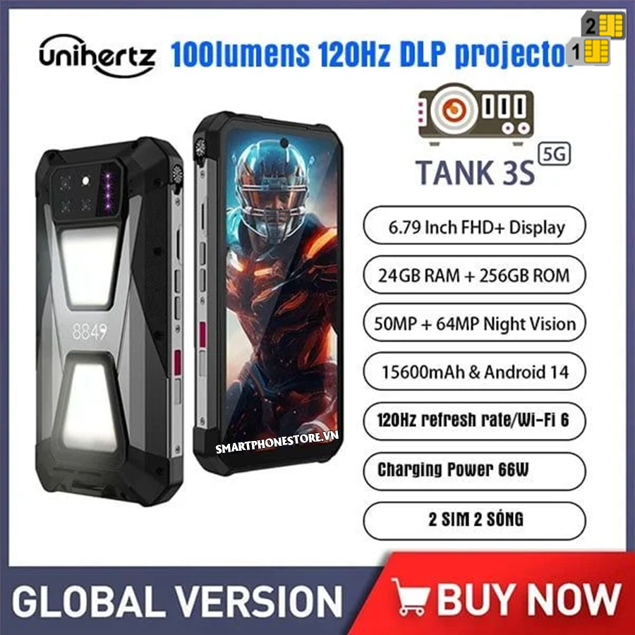 Unihertz Tank 3s (8849) - 5G IP68/69K máy chiếu Projector 100Lumens Đèn Flash kép Pin15600mAh Ram24/256GB Cam50/50MP Android14
