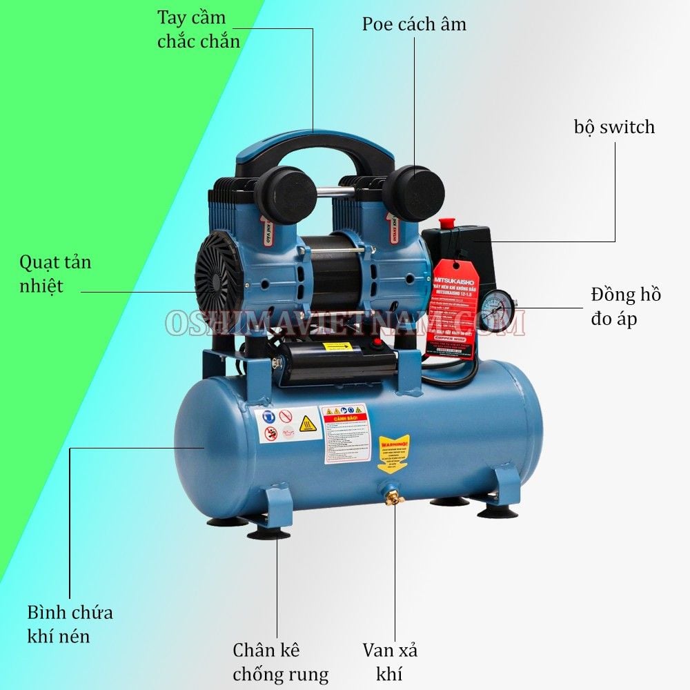 Máy nén khí không dầu Mitsukaisho 12 1.5HP Xanh dương Điện 1 pha