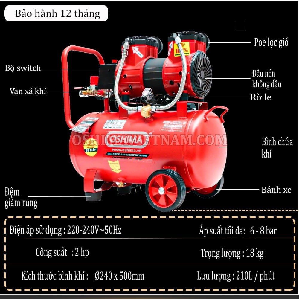 Máy nén khí không dầu Oshima 30-2.0 2.0HP Đỏ Điện 1 pha