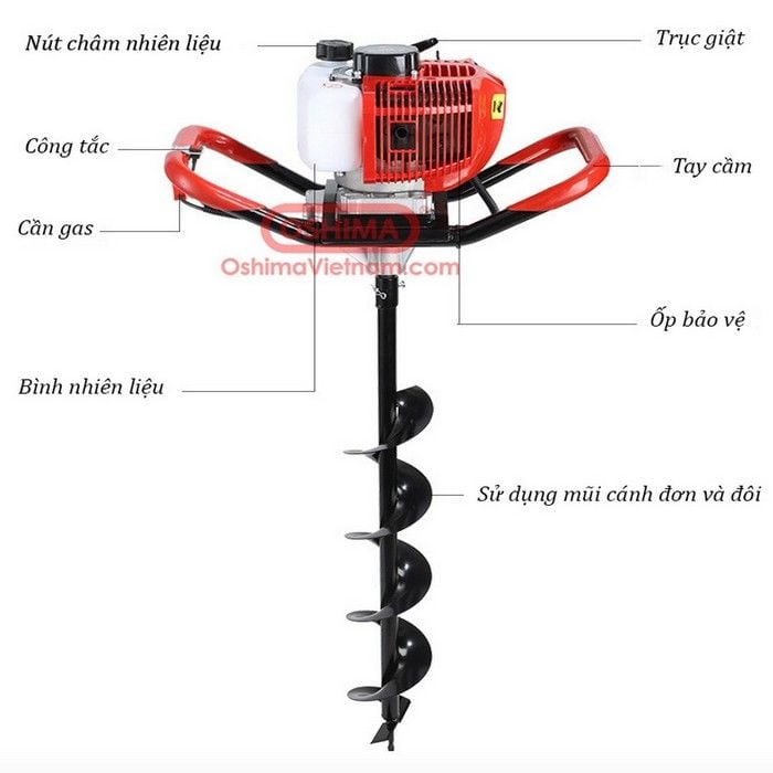 Máy khoan đất khoan lỗ trồng cây Oshima 2P đỏ tặng kèm mũi khoan đất 150mm
