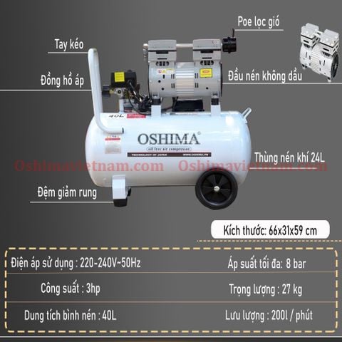 Máy nén khí không dầu Oshima 40L 3HP màu trắng