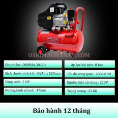 Máy nén khí có dầu Oshima 30 2.0HP Đỏ Điện 1 pha