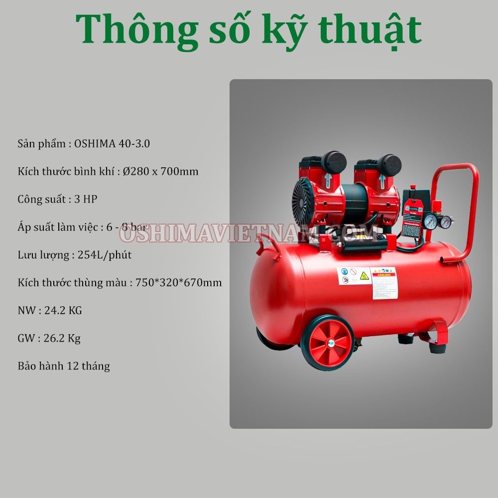 Máy nén khí không dầu Oshima 40 3.0HP 40l Đỏ điện 1 pha