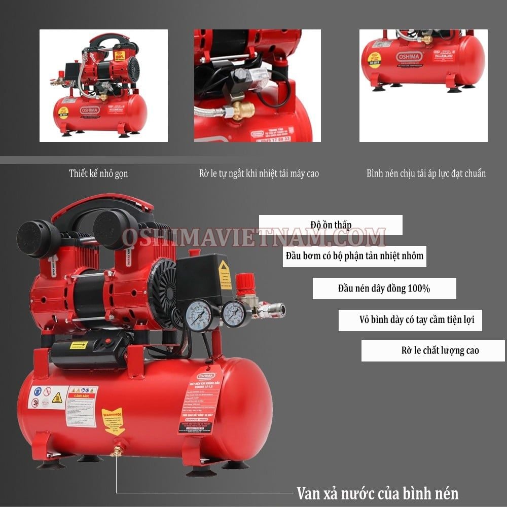 Máy nén khí không dầu Oshima 12 1.5HP Đỏ Điện 1 pha