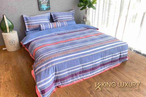 Bộ chăn ga Katakura Tencel Pro Xanh Blue Kẻ Sọc