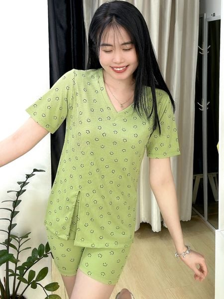  Bộ thun gân mặc nhà tay ngắn quần đùi màu lá 