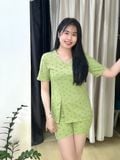  Bộ thun gân mặc nhà tay ngắn quần đùi màu lá 