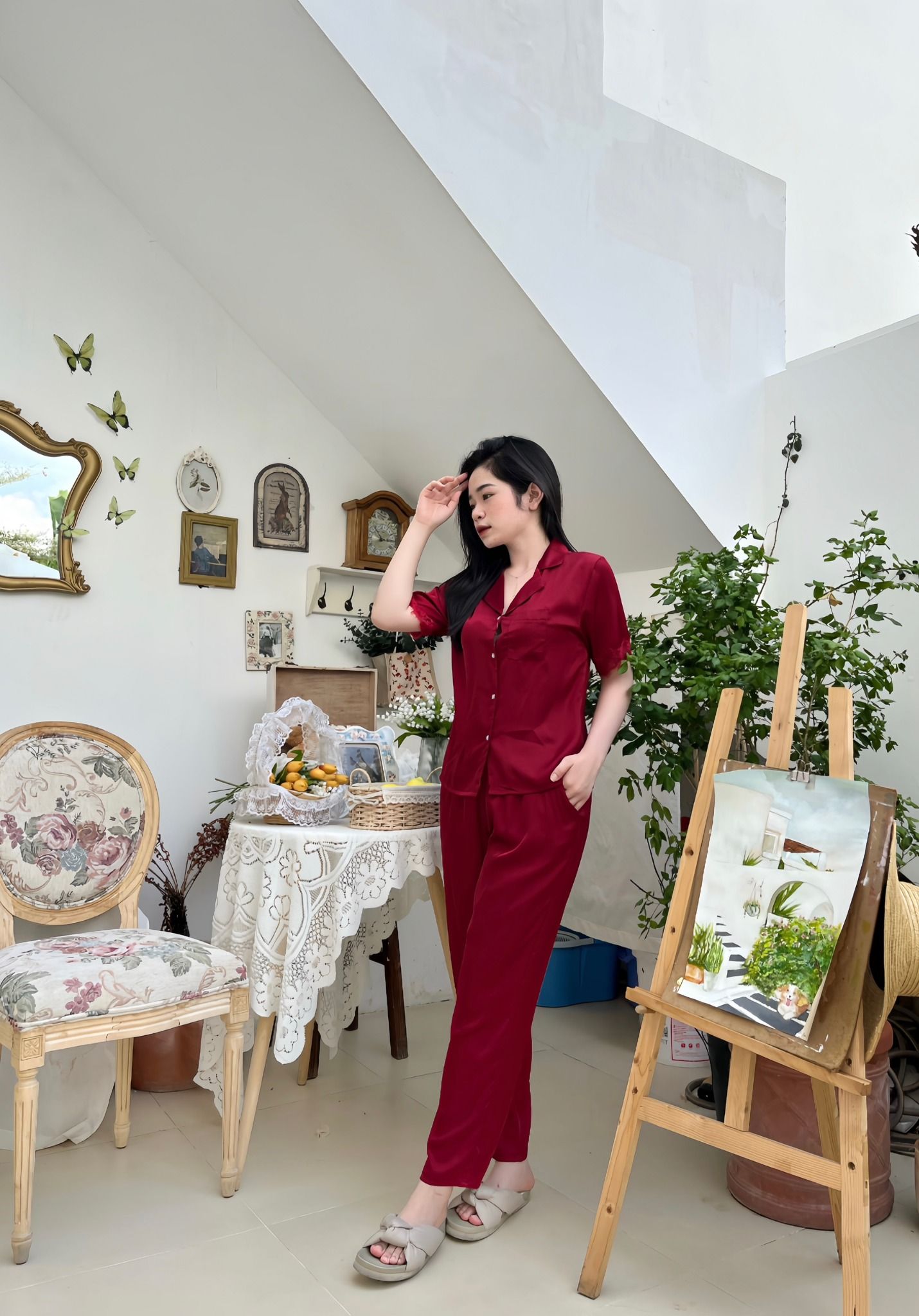  Bộ lụa tơ tằm mặc nhà tay ngắn quần dài 