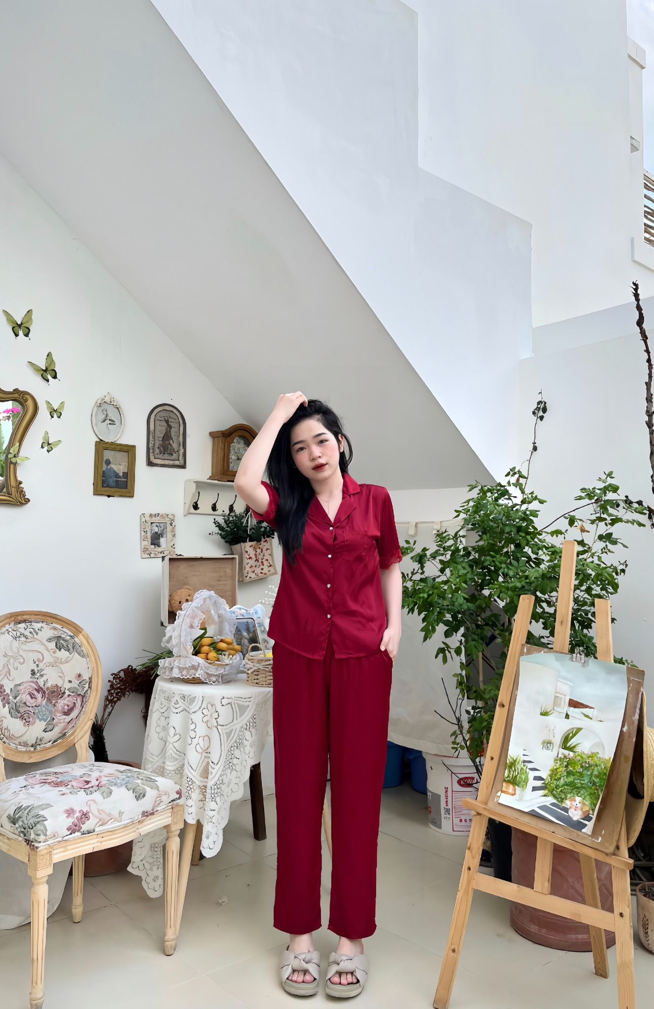  Bộ lụa tơ tằm mặc nhà tay ngắn quần dài 
