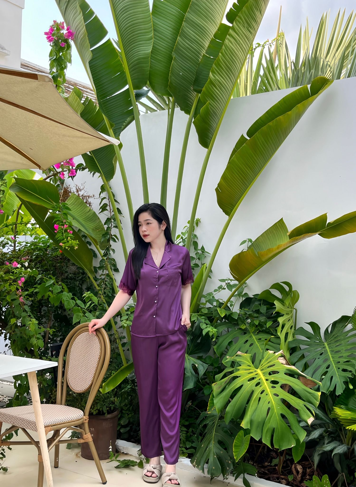  Bộ lụa tơ tằm mặc nhà tay ngắn quần dài 