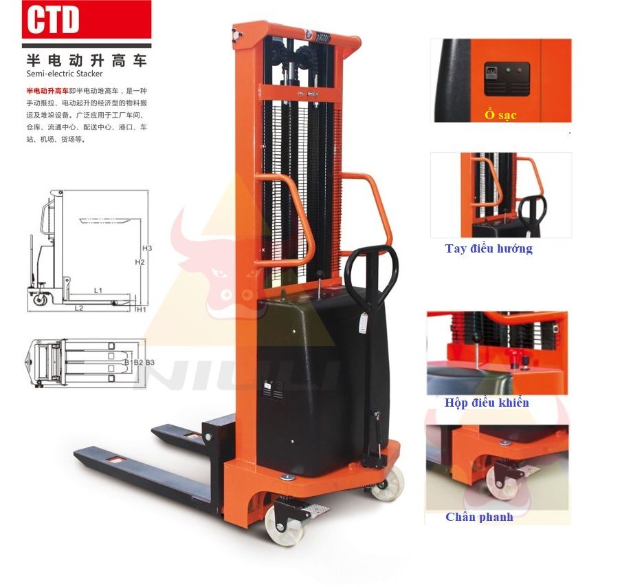 Xe nâng bán tự động tải trọng 1500kg nâng cao 1.6-3.5m CTD15