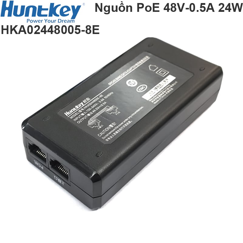 Nguồn Adapter PoE cho Camera Wifi Huntkey 48V-0.5A 2 Port (1 Data in+ 1 Data PoE Out)