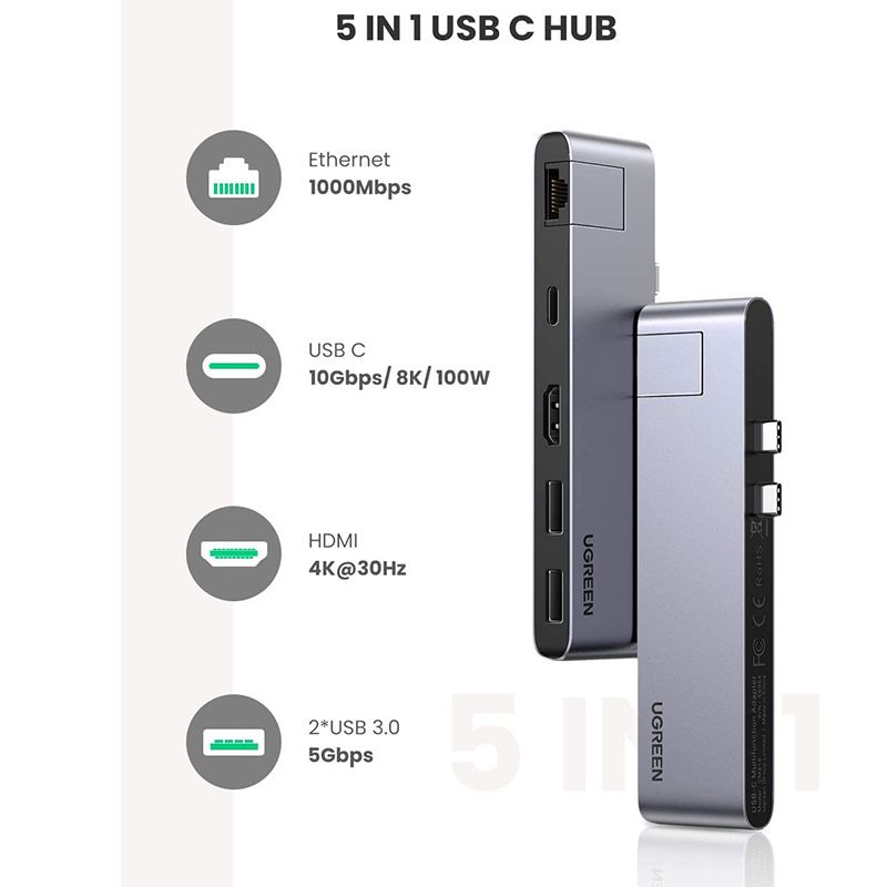  USB-C Macbook Pro ra HDMI 4K LAN 1Gbps USB HUB 2 port sạc PD100W Ugreen 50984 